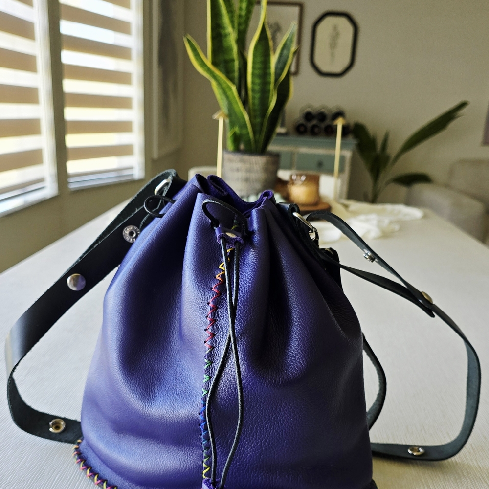 Elegant Purple Leather Drawstring Bag